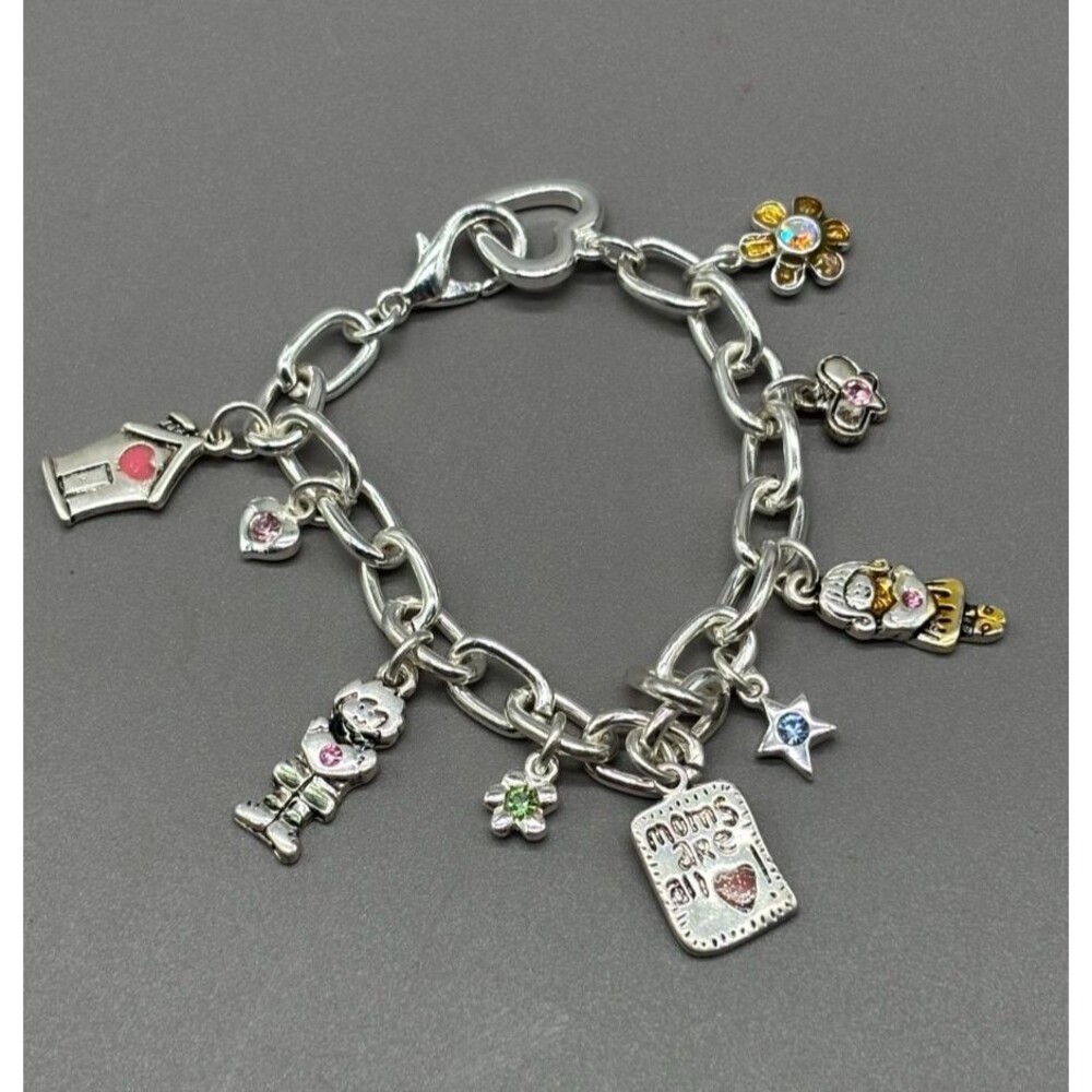 AJMC Charm Bracelet for Mom Silver Tone Enamel Family Home Hearts Rhinestones